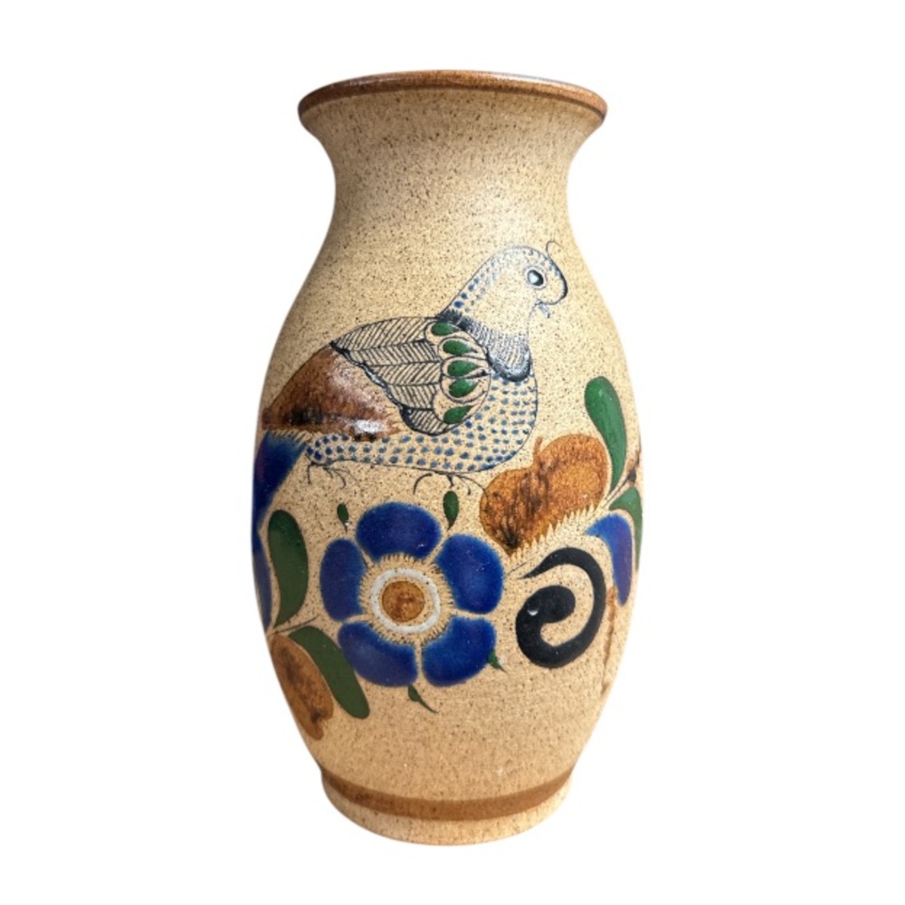 Vintage Folkart Vase Mexican Tonala? Sandstone Pottery Bird Toucan Dove Floral